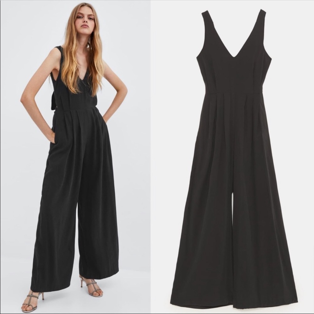Zara Wide Leg V-Neck Tie Back Jumpsuit